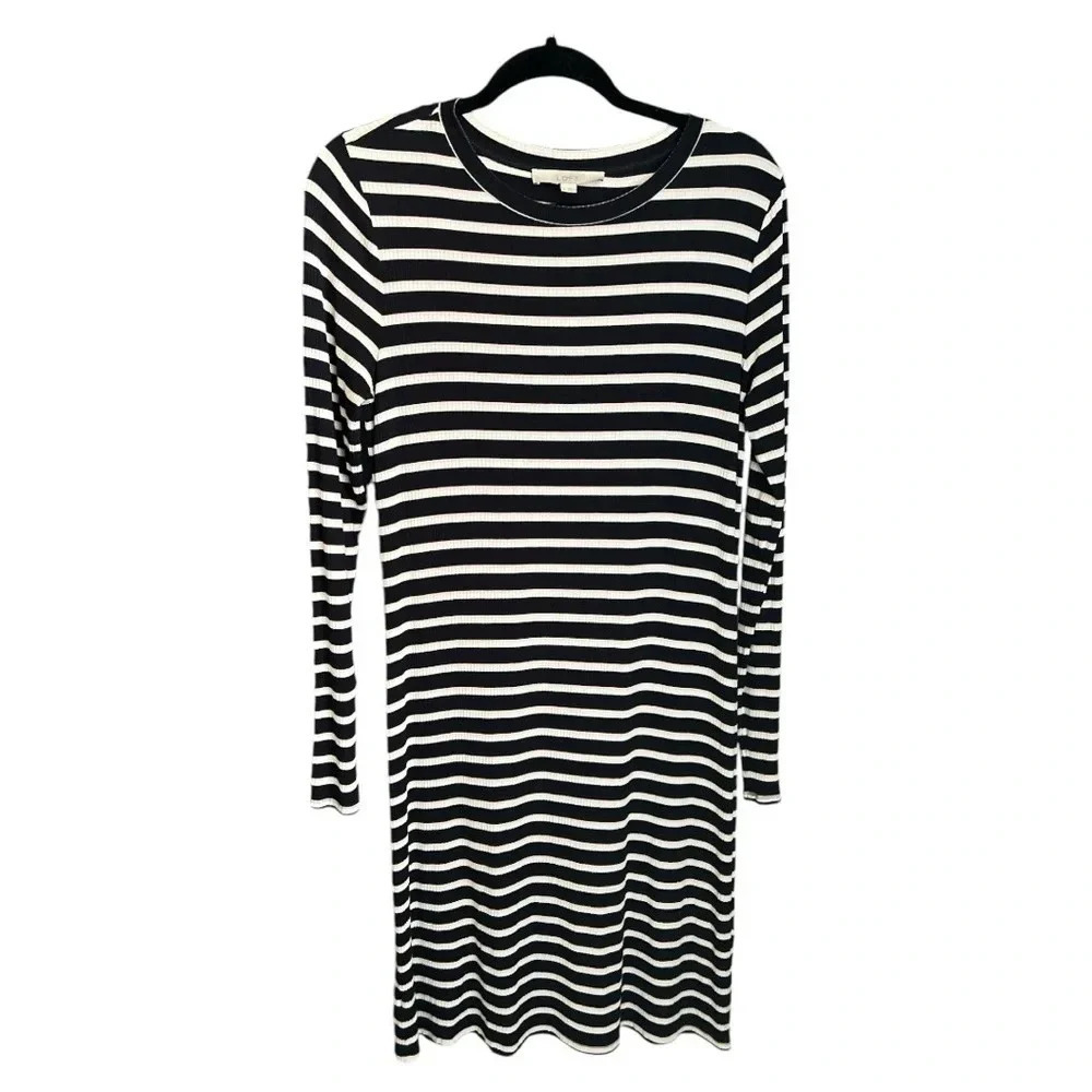 Loft Women's Midi Dress Striped Black Pink White Long Sleeve size 8